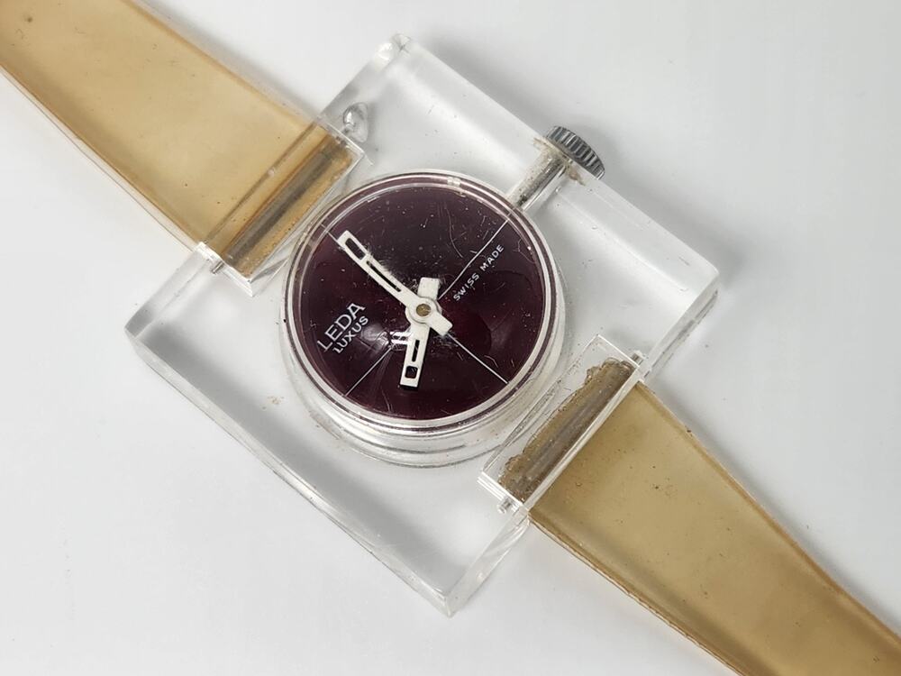 Vintage LEDA Luxus Wotania Swiss Skeleton Lucite Square Watch - Not Working